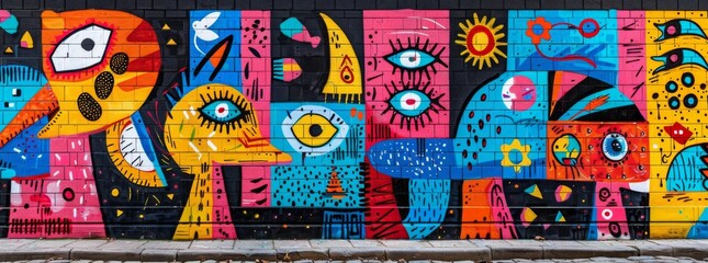 Vibrant street art mural with abstract faces and patterns in a plethora of colors on an urban wall.