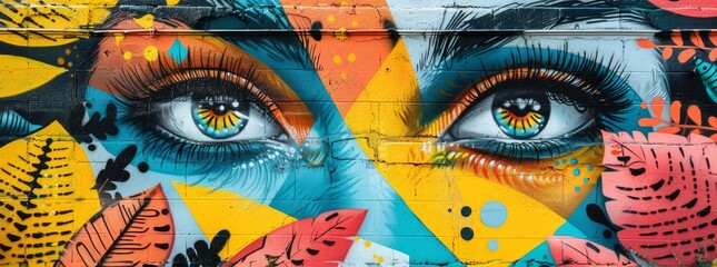 Vibrant street art mural of stylized eyes with a tropical theme, featuring detailed lashes, against a colorful abstract background.
