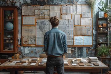 A focused man with glasses using a whiteboard in an office,diligently recording important information