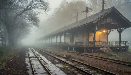 Fototapeta na wymiar old railway in the morning fog
