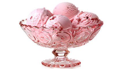 Pink glass bowl with three ice cream scoops isolated transparent background