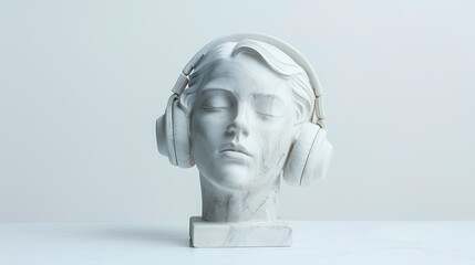 Listening to music portrait headphones sculpture