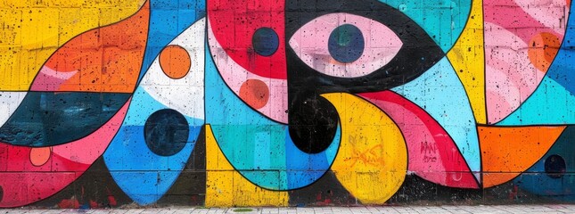 Abstract urban graffiti art featuring colorful geometric shapes and bold patterns on a wall.