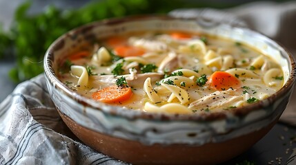 A bowl of comforting chicken noodle soup garnished with parsley