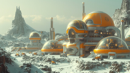 Futuristic mars colony in a snowy landscape: 3d render of a domed human settlement on a snowy, alien planet, evoking space colonization