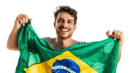 A man holding the flag of Brazil isolated on a transparent background