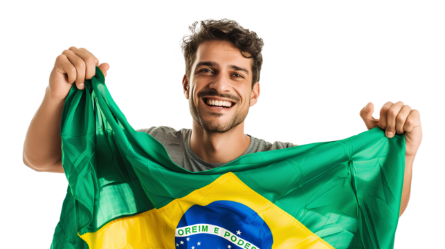 A man holding the flag of Brazil isolated on a transparent background