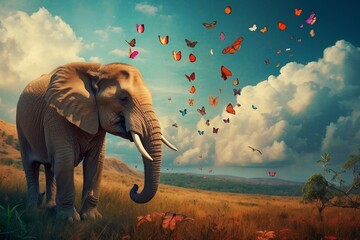 elephant, butterfly - obrazy, fototapety, plakaty
