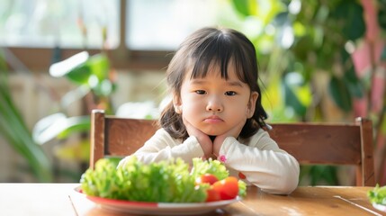 A little Asian girl looking disappointed as she refuses to eat her salad and vegetables, showcasing picky eating behavior at mealtime - obrazy, fototapety, plakaty