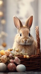 Fototapeta na wymiar A cute rabbit is sitting in a basket with Easter eggs. Easter background