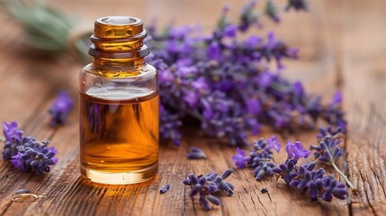 A bottle of lavender essential oil with lavender flowers