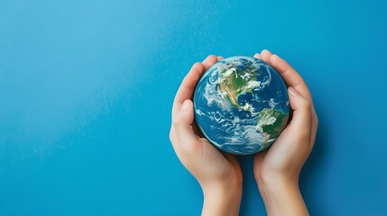 Care and responsibility for our planet are symbolized by two hands holding a little Earth on a bright blue background.