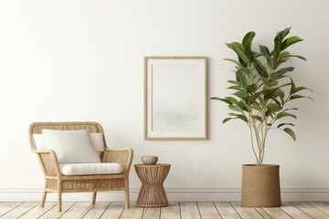 Embrace the boho vibes of a modern living area with a wicker chair, floor vases, and a blank mockup poster frame against a bright white wall.