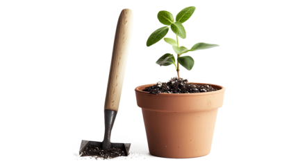 Plant pot and trowel isolated on a transparent background