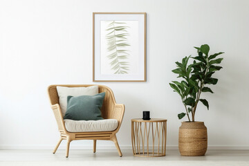 Embrace the boho-chic atmosphere of a modern living area with a wicker chair, floor vases, and a blank mockup poster frame against a bright white wall.