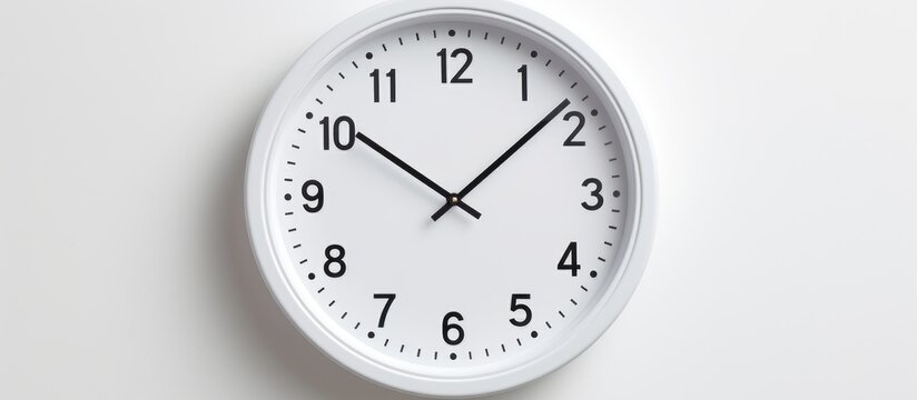 A white clock with bold black numbers is mounted on a clean white wall, creating a simple and functional look. The contrast between the colors ensures easy readability in any lighting condition.