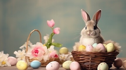 Naklejka na ściany i meble Easter bunny with a basket of eggs.