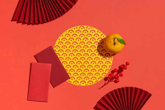 Asian New Year decoration papercut on red background