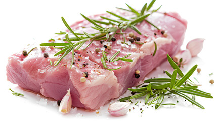 Raw pork loin. Fresh meat with rosemary, garlic, and flakes isolated on a transparent background
