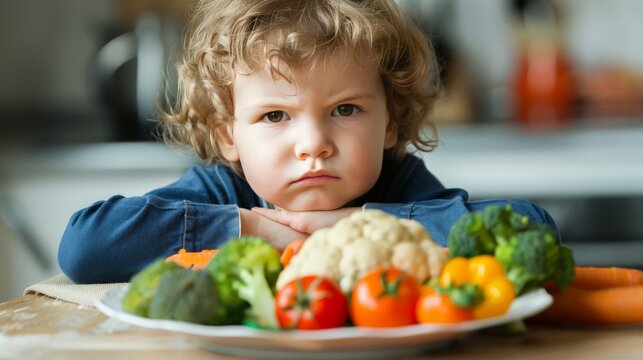 A little boy looking unhappy as he refuses to eat vegetables, portraying picky eating behavior during family mealtime
