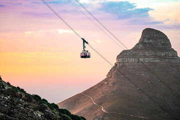 Cape Town -  Table Mountain Aerial cable car  - Spectacular sunset with Lions Head in the background - Great outdoors adventure travel holiday destination, Cape Town, South Africa