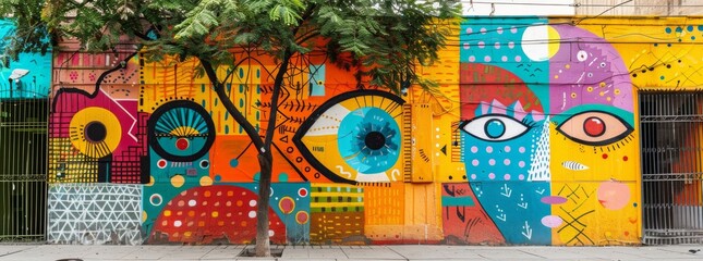 Colorful street mural with whimsical faces and geometric patterns, framed by urban foliage on a sunny day.