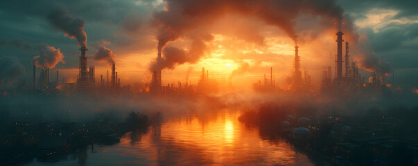 industry metallurgical plant dawn smoke smog emissions bad ecology  - obrazy, fototapety, plakaty