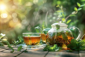 Glass cup with teapot of aromatic tea and green mint leafs on blurred green background