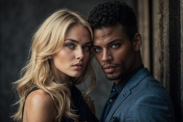 Intense portrait of a blonde woman and a black man with striking eyes