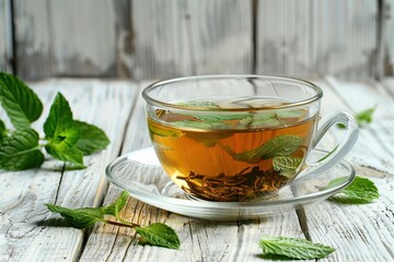 Glass cup of aromatic tea and green mint leafs on wooden background
