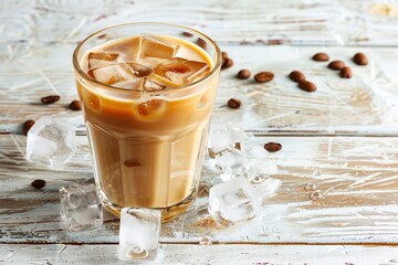 Glass of iced coffee on wooden background