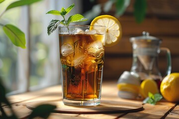 Glass of ice tea with lemon and sunlights on wooden background - obrazy, fototapety, plakaty