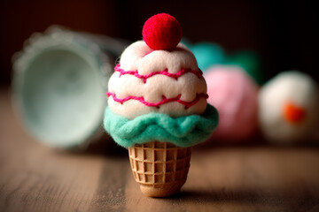 Felted toy in a form of ice-cream on the table. Concept of soft handmade toys