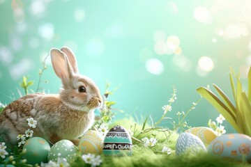 Little bunny with decorated easter eggs on green grass
