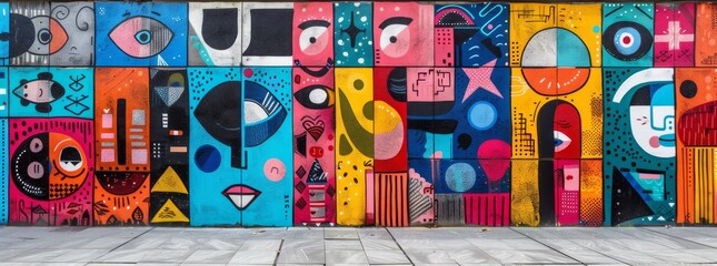 Vibrant and playful street art mural on an urban wall, featuring a multitude of abstract characters and patterns in vivid colors.