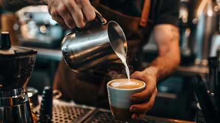 Fototapeta na wymiar A barista pouring steamed milk into a cup of espresso