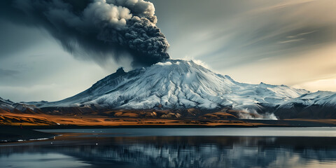 Majestic Volcanic Eruption Captured at Twilight Over a Serene Mountain Lake. AI.
 - obrazy, fototapety, plakaty