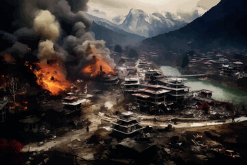 Abstract blurred background illustration. Desolate Remains Town. Uninhabited House Ablaze After War. Areas prone to danger from violence or civil war. - obrazy, fototapety, plakaty