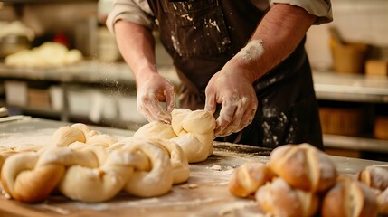 A baker shaping pretzel dough into knots