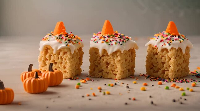 Rice cereal treats for Halloween with vanilla frosting and festive sprinkles putting sprinkles on top