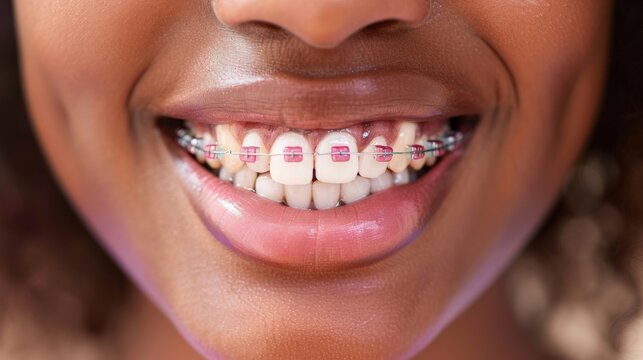 Closeup of woman teeth with braces
