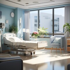 Fototapeta na wymiar modern hospital room with an empty bed and chair