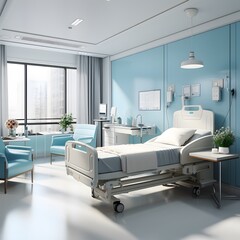 modern hospital room with an empty bed and chair