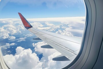 Serene sky view from airplane window. Tranquil view of the wing and cloudscape as seen through an airplane window