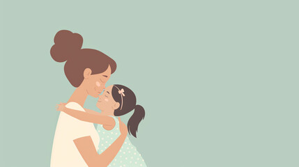 Happy mother holding her little daughter on a blue background. Minimalistic banner design. Happy Mother's day concept. Copy space. - obrazy, fototapety, plakaty
