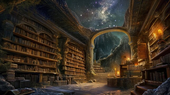 An ancient library filled with magical books, glowing orbs, and mystical artifacts. Shelves reach up to a high, vaulted ceiling, with soft light filtering through stained glass windows. Resplendent.