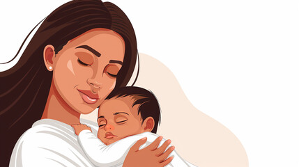 Obraz premium Happy mother holding her newborn baby against beige background. Minimalistic modern banner design. Happy Mother's day concept. Copy space.