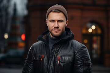 Young attractive guy in a warm jacket and hat against the background of city lights