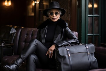 Stylish elderly black woman in black with fashionable accessories is sitting on the couch