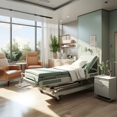 modern hospital room with an empty bed and chair